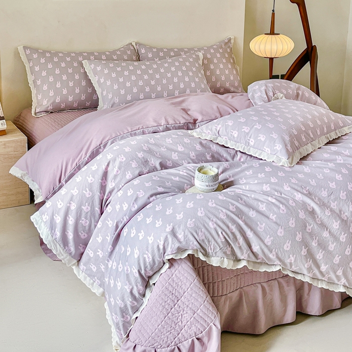 91家纺网 家纺一手货源 找家纺 斯卡诺家纺 2026新款全棉纯棉花边床盖四件套 兔小姐-纯棉花边