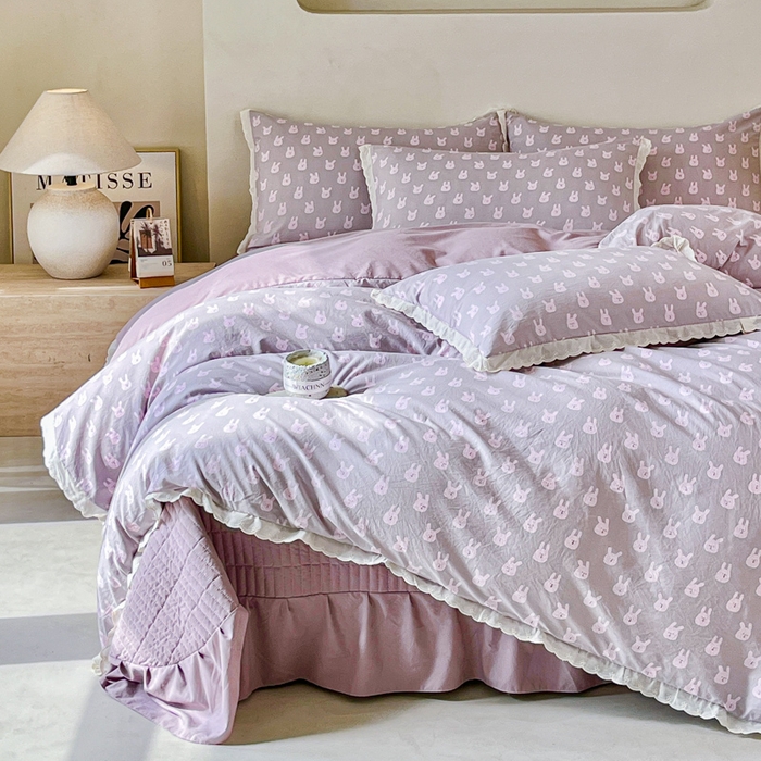 91家纺网 家纺一手货源 找家纺 斯卡诺家纺 2026新款全棉纯棉花边床盖四件套 兔小姐-纯棉花边