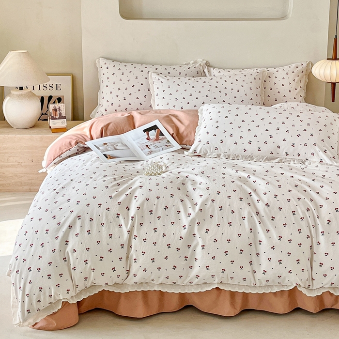 91家纺网 家纺一手货源 找家纺 斯卡诺家纺 2026新款全棉纯棉花边床盖四件套 樱桃-纯棉花边