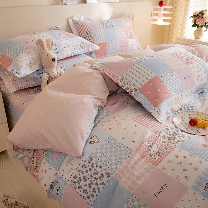 91家纺网 家纺一手货源 找家纺 八十八家纺 2025新款全棉12868床笠款四件套 花点小兔