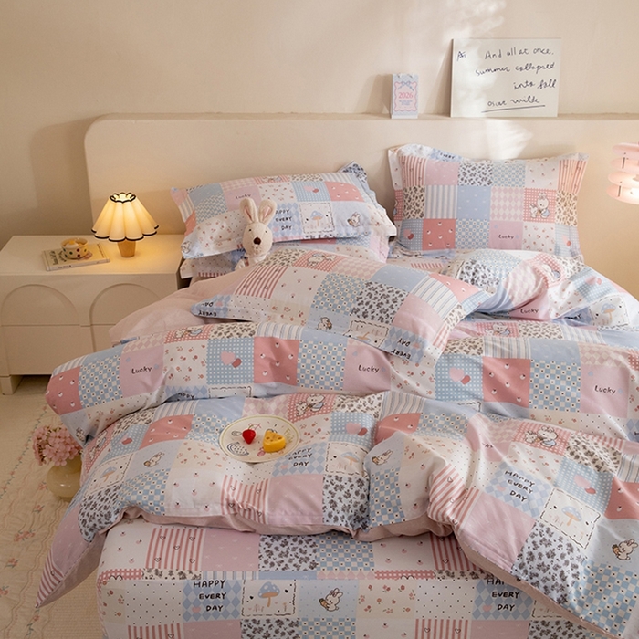 91家纺网 家纺一手货源 找家纺 八十八家纺 2025新款全棉12868床笠款四件套 花点小兔