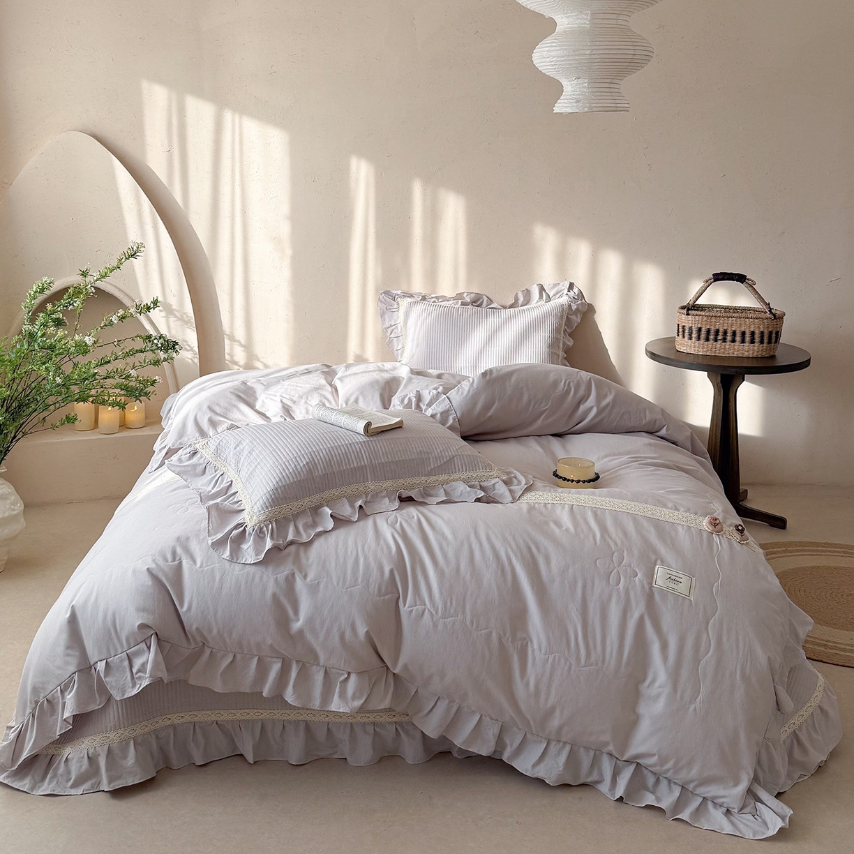 91家纺网 家纺一手货源 找家纺 佰织鑫家居 2026新款天竹棉麻多功能床盖款四件套 棉麻-浅灰