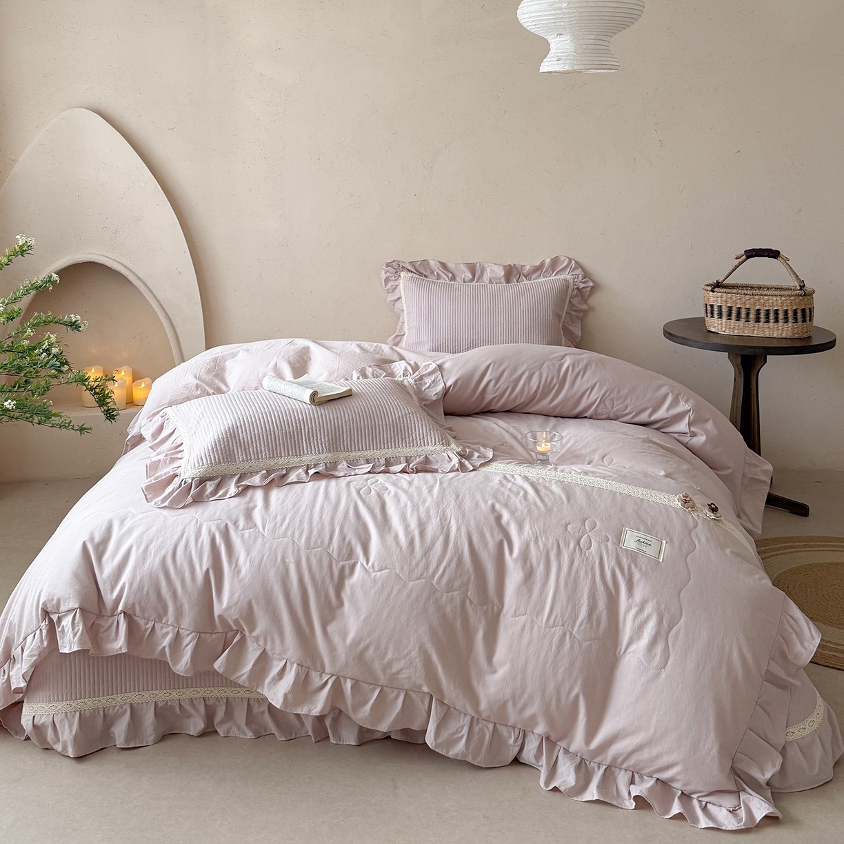 91家纺网 家纺一手货源 找家纺 佰织鑫家居 2026新款天竹棉麻多功能床盖款四件套 棉麻-雾粉