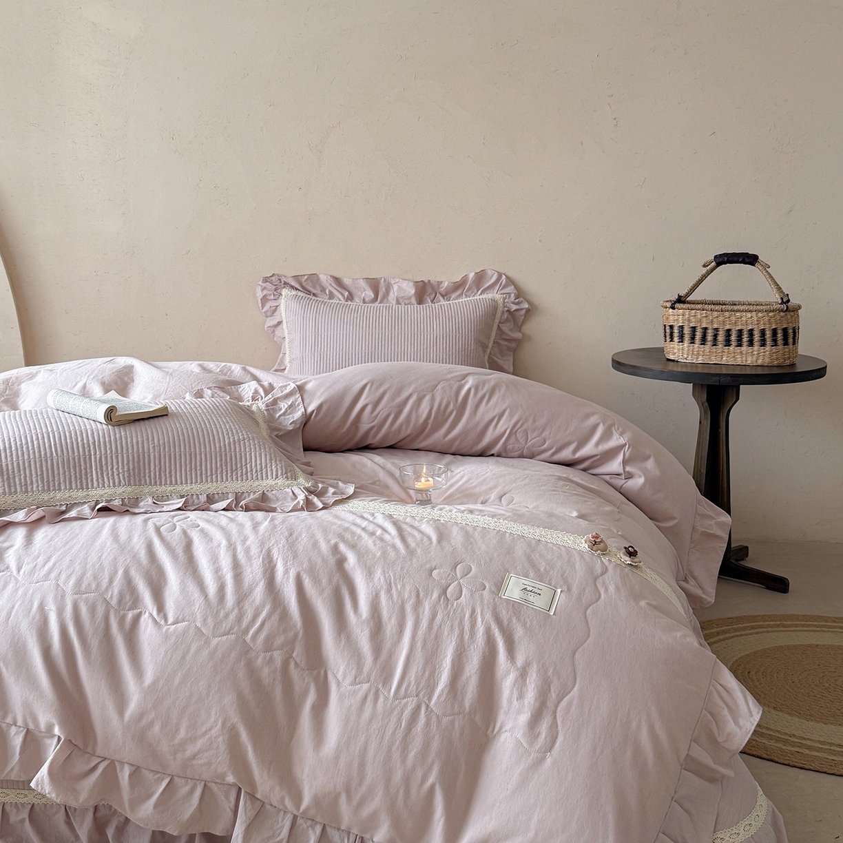 91家纺网 家纺一手货源 找家纺 佰织鑫家居 2026新款天竹棉麻多功能床盖款四件套 棉麻-雾粉