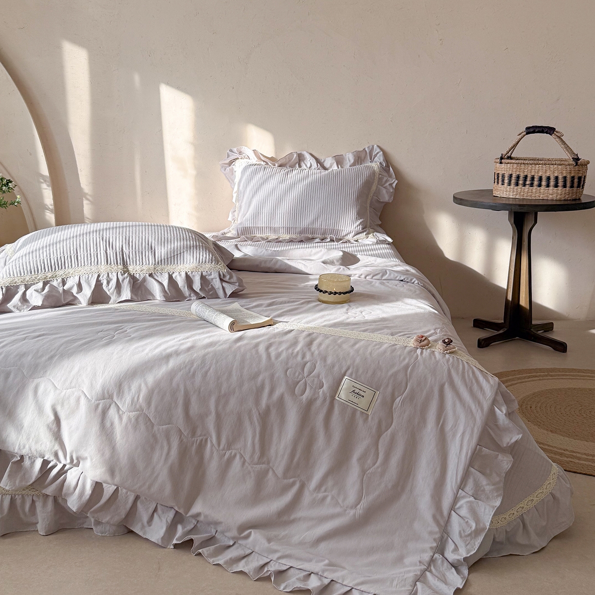 91家纺网 家纺一手货源 找家纺 佰织鑫家居 2026新款天竹棉麻多功能床盖款四件套 棉麻-浅灰