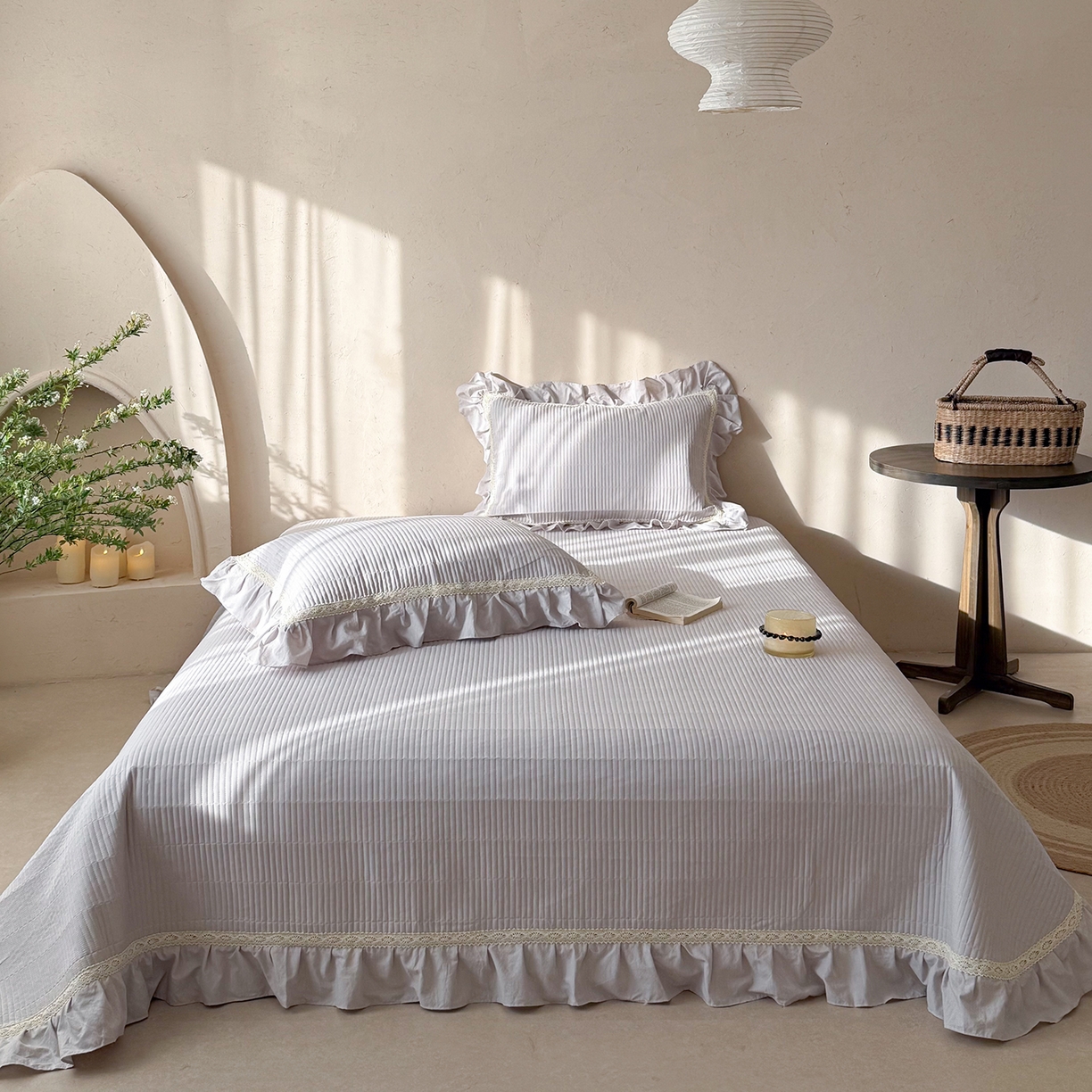 91家纺网 家纺一手货源 找家纺 佰织鑫家居 2026新款天竹棉麻多功能床盖款四件套 棉麻-浅灰