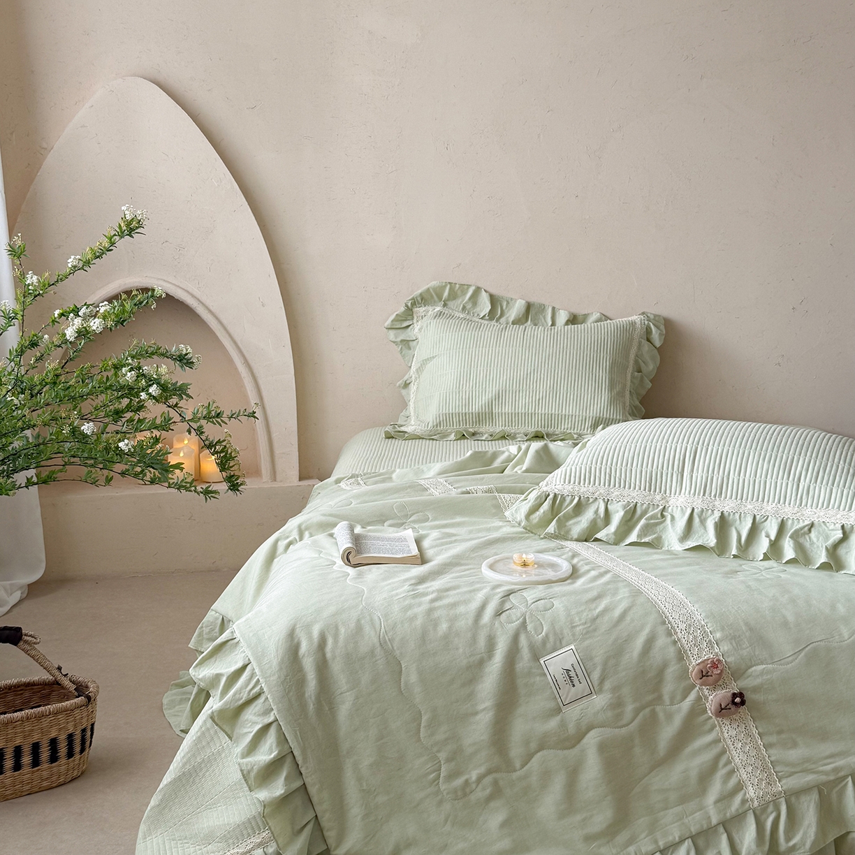 91家纺网 家纺一手货源 找家纺 佰织鑫家居 2026新款天竹棉麻多功能床盖款四件套 棉麻-豆绿