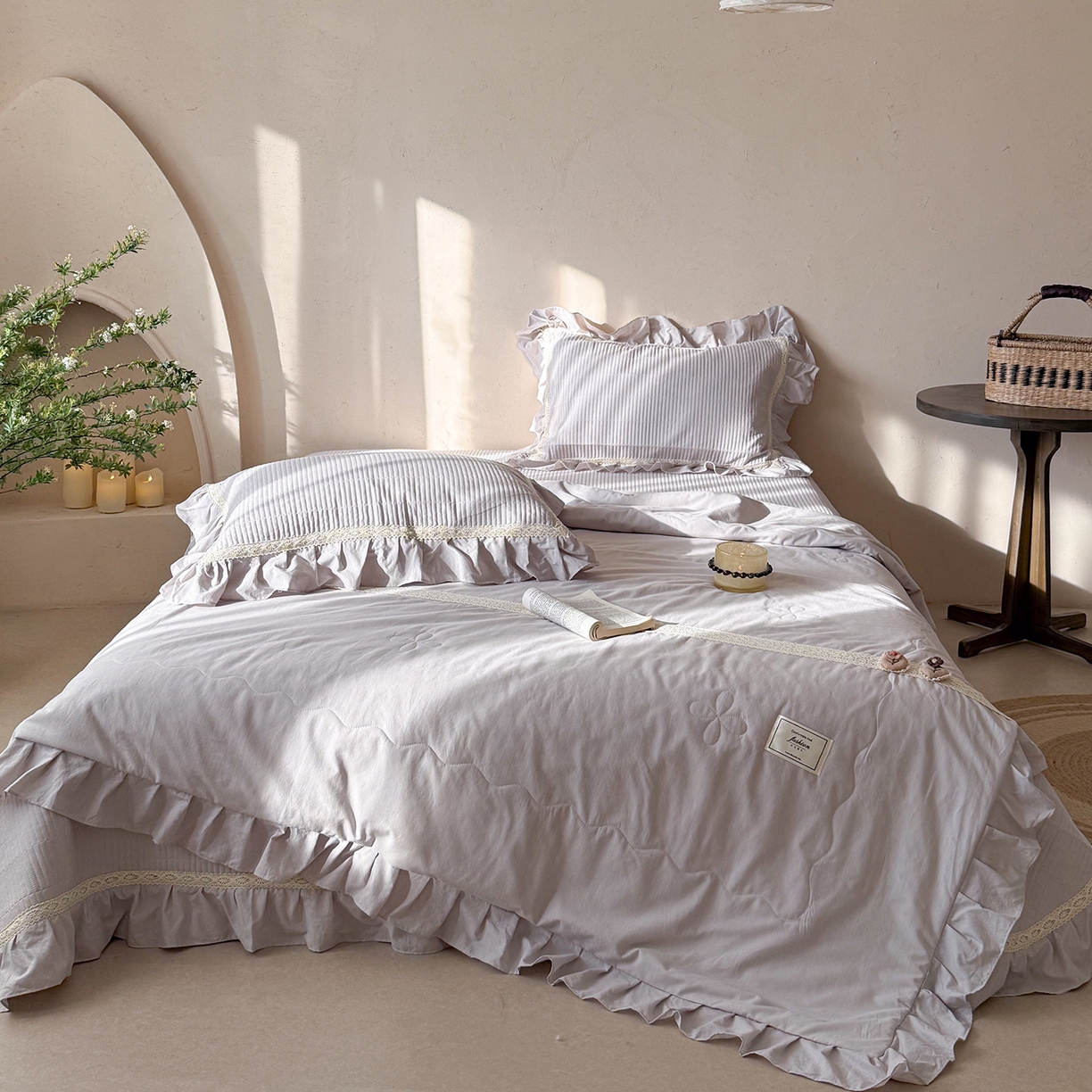 91家纺网 家纺一手货源 找家纺 佰织鑫家居 2026新款天竹棉麻多功能床盖款四件套 棉麻-浅灰