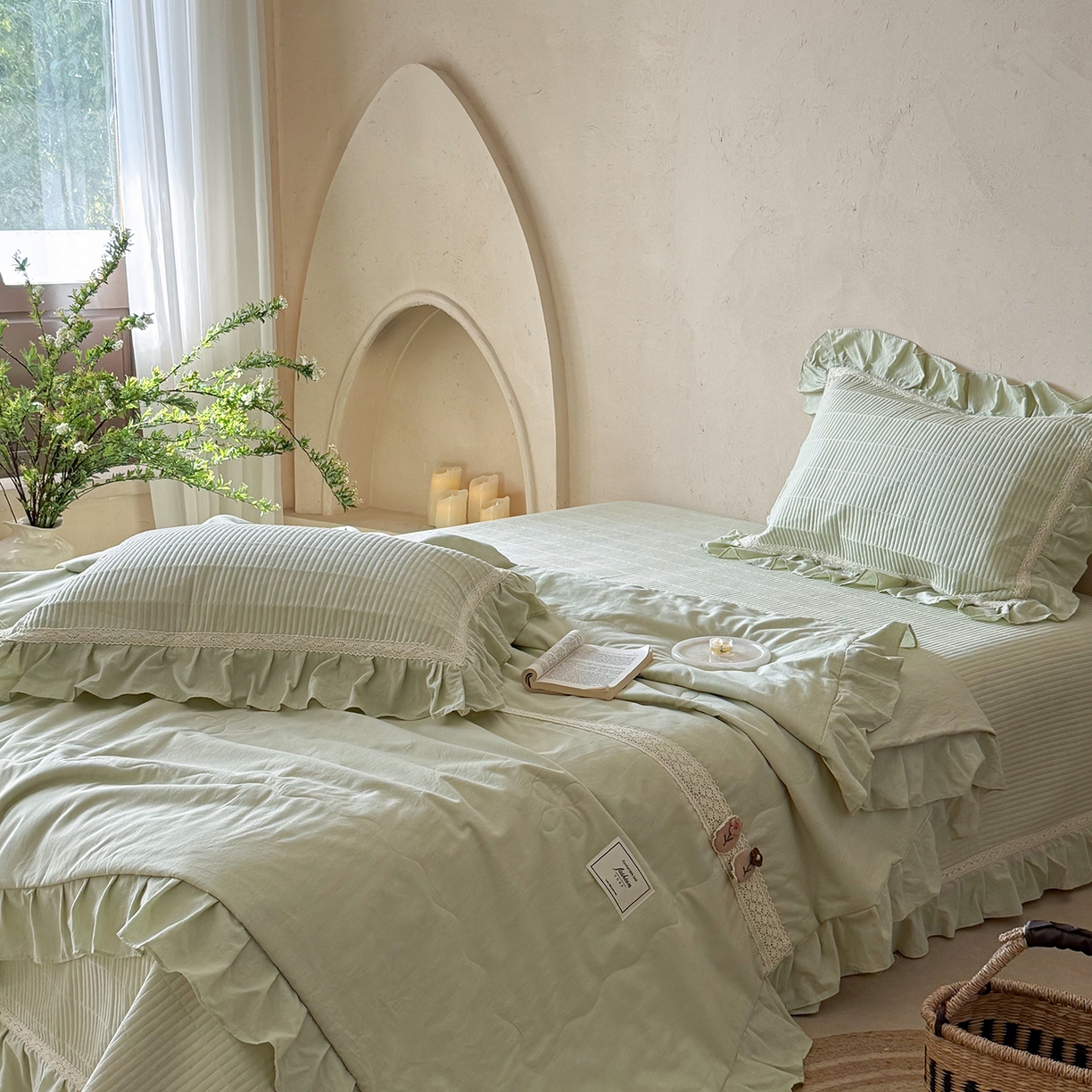 91家纺网 家纺一手货源 找家纺 佰织鑫家居 2026新款天竹棉麻多功能床盖款四件套 棉麻-豆绿