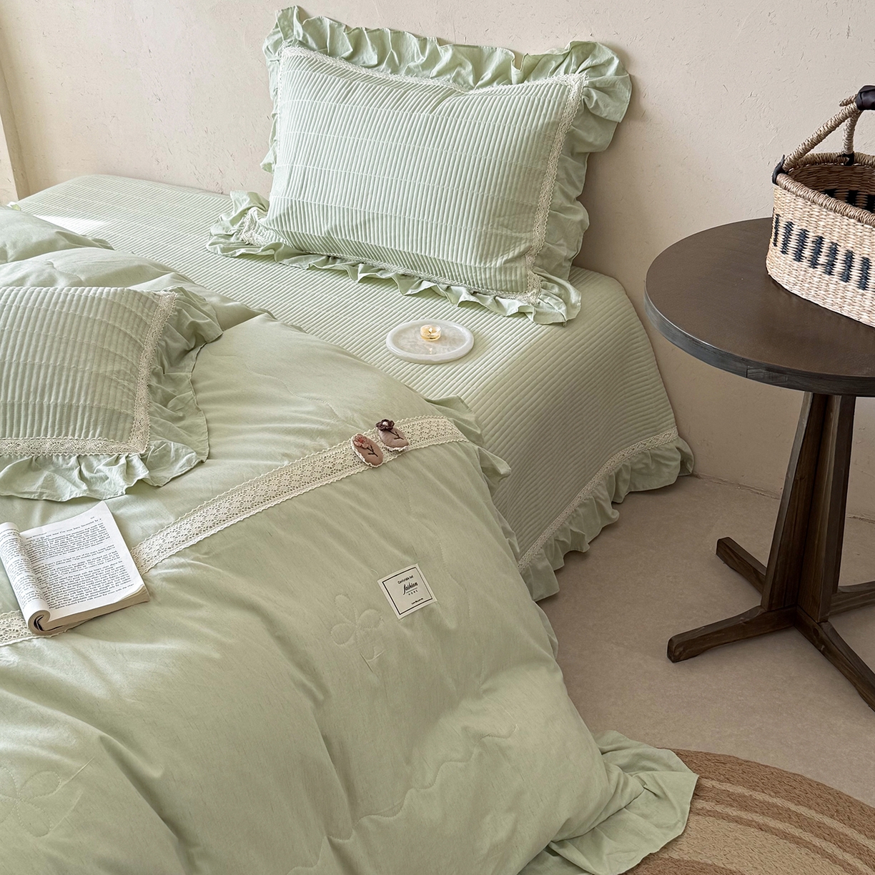 91家纺网 家纺一手货源 找家纺 佰织鑫家居 2026新款天竹棉麻多功能床盖款四件套 棉麻-豆绿