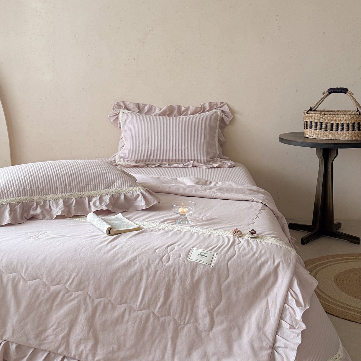 91家纺网 家纺一手货源 找家纺 佰织鑫家居 2026新款天竹棉麻多功能床盖款四件套 棉麻-雾粉