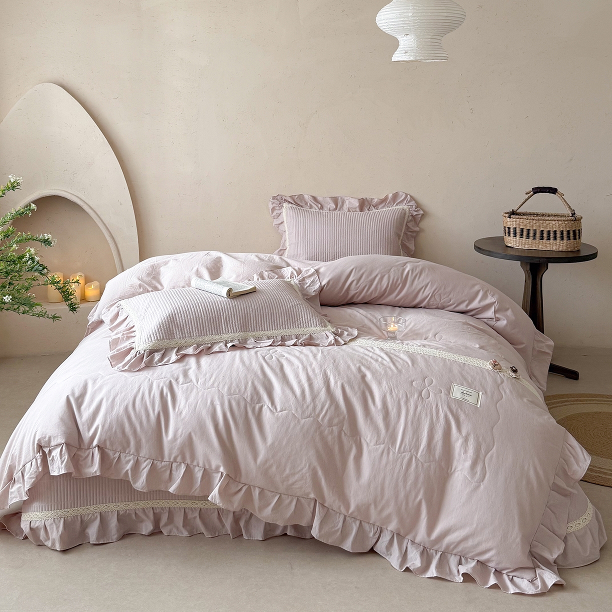 91家纺网 家纺一手货源 找家纺 佰织鑫家居 2026新款天竹棉麻多功能床盖款四件套 棉麻-雾粉