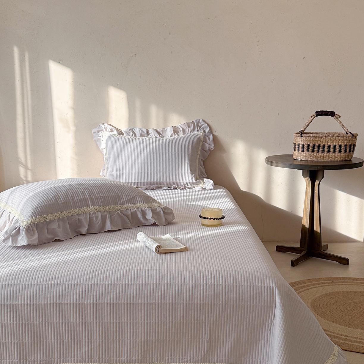 91家纺网 家纺一手货源 找家纺 佰织鑫家居 2026新款天竹棉麻多功能床盖款四件套 棉麻-浅灰