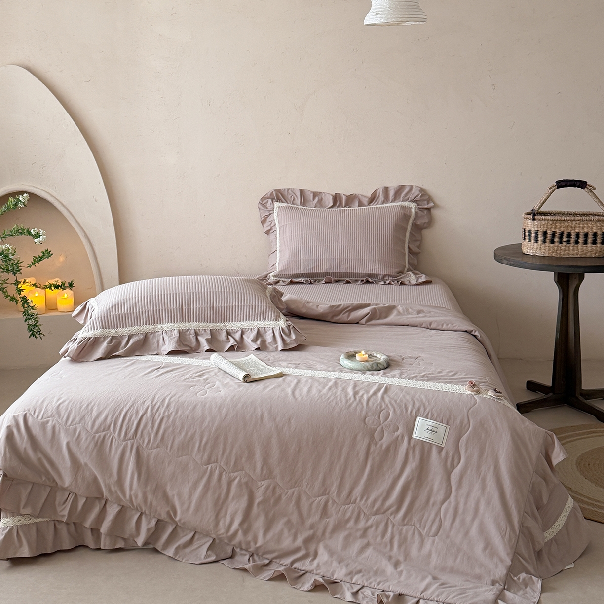 91家纺网 家纺一手货源 找家纺 佰织鑫家居 2026新款天竹棉麻多功能床盖款四件套 棉麻-奶咖