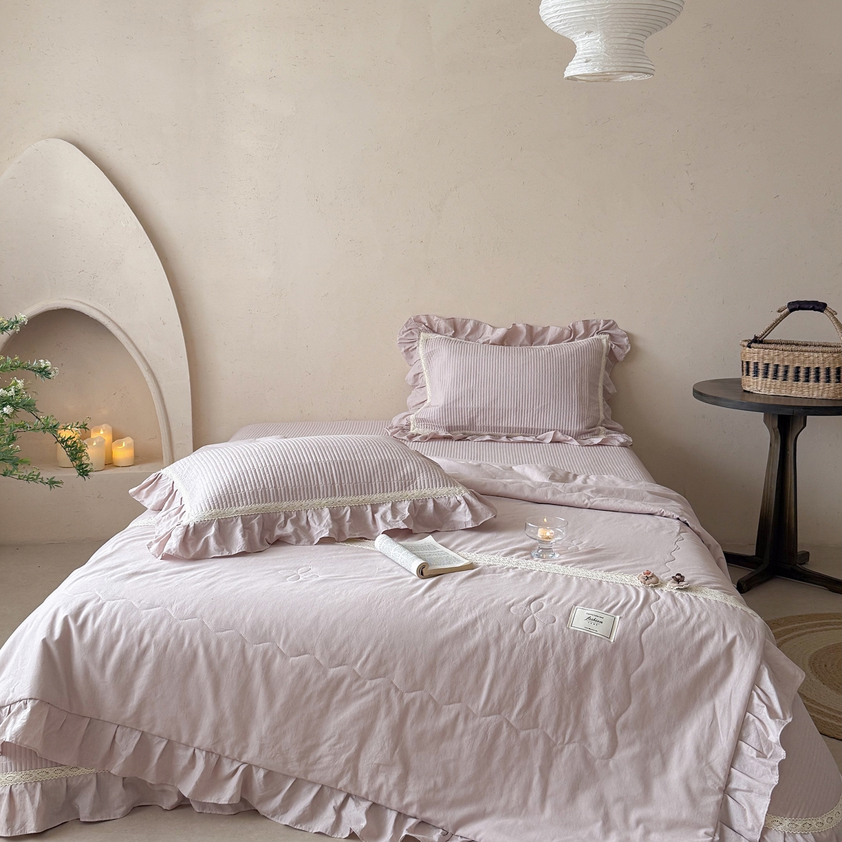 91家纺网 家纺一手货源 找家纺 佰织鑫家居 2026新款天竹棉麻多功能床盖款四件套 棉麻-雾粉