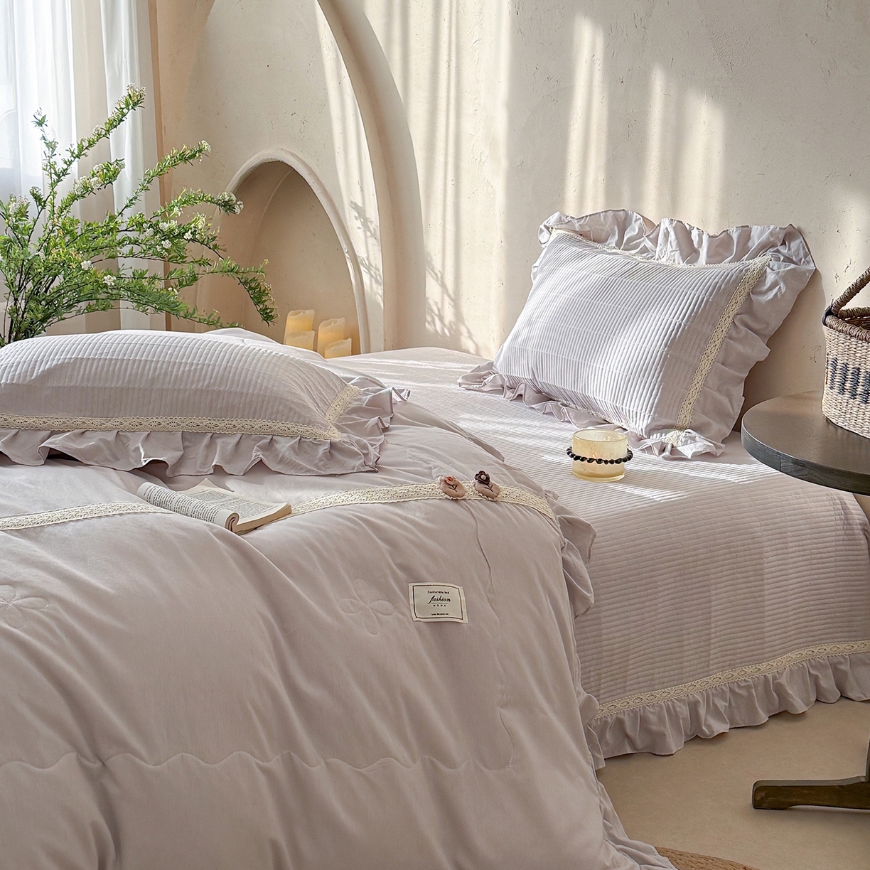 91家纺网 家纺一手货源 找家纺 佰织鑫家居 2026新款天竹棉麻多功能床盖款四件套 棉麻-浅灰