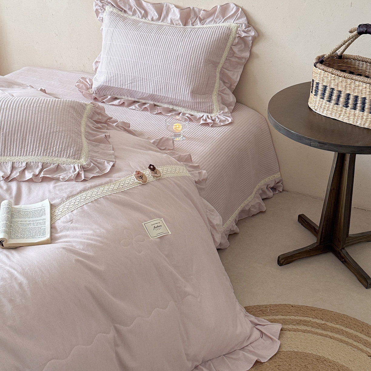 91家纺网 家纺一手货源 找家纺 佰织鑫家居 2026新款天竹棉麻多功能床盖款四件套 棉麻-雾粉