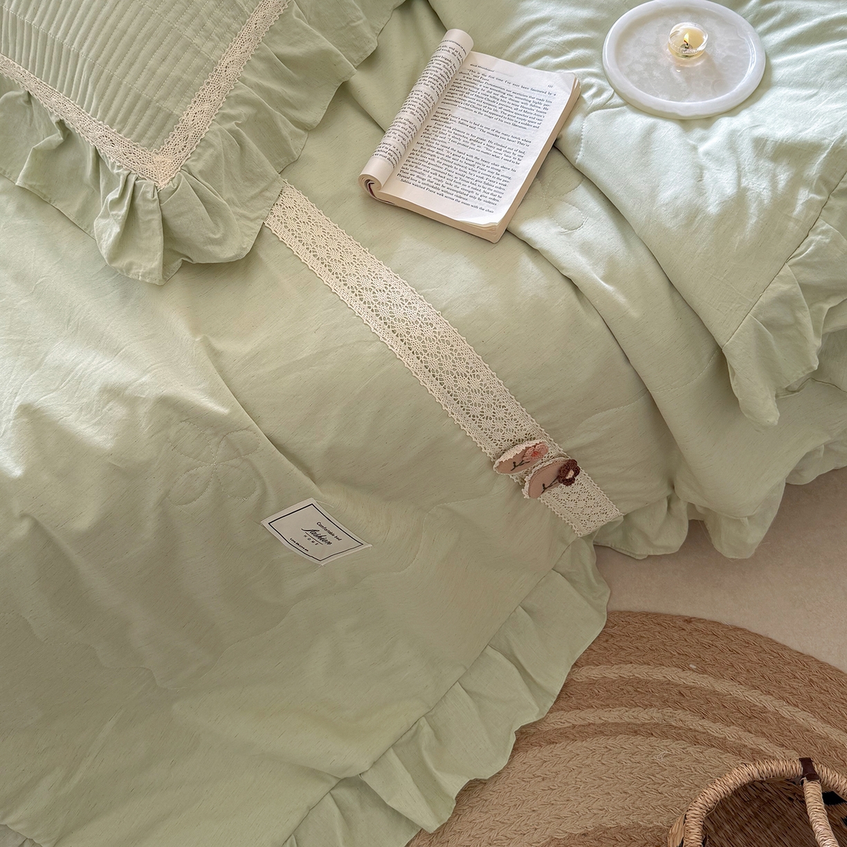 91家纺网 家纺一手货源 找家纺 佰织鑫家居 2026新款天竹棉麻多功能床盖款四件套 棉麻-豆绿