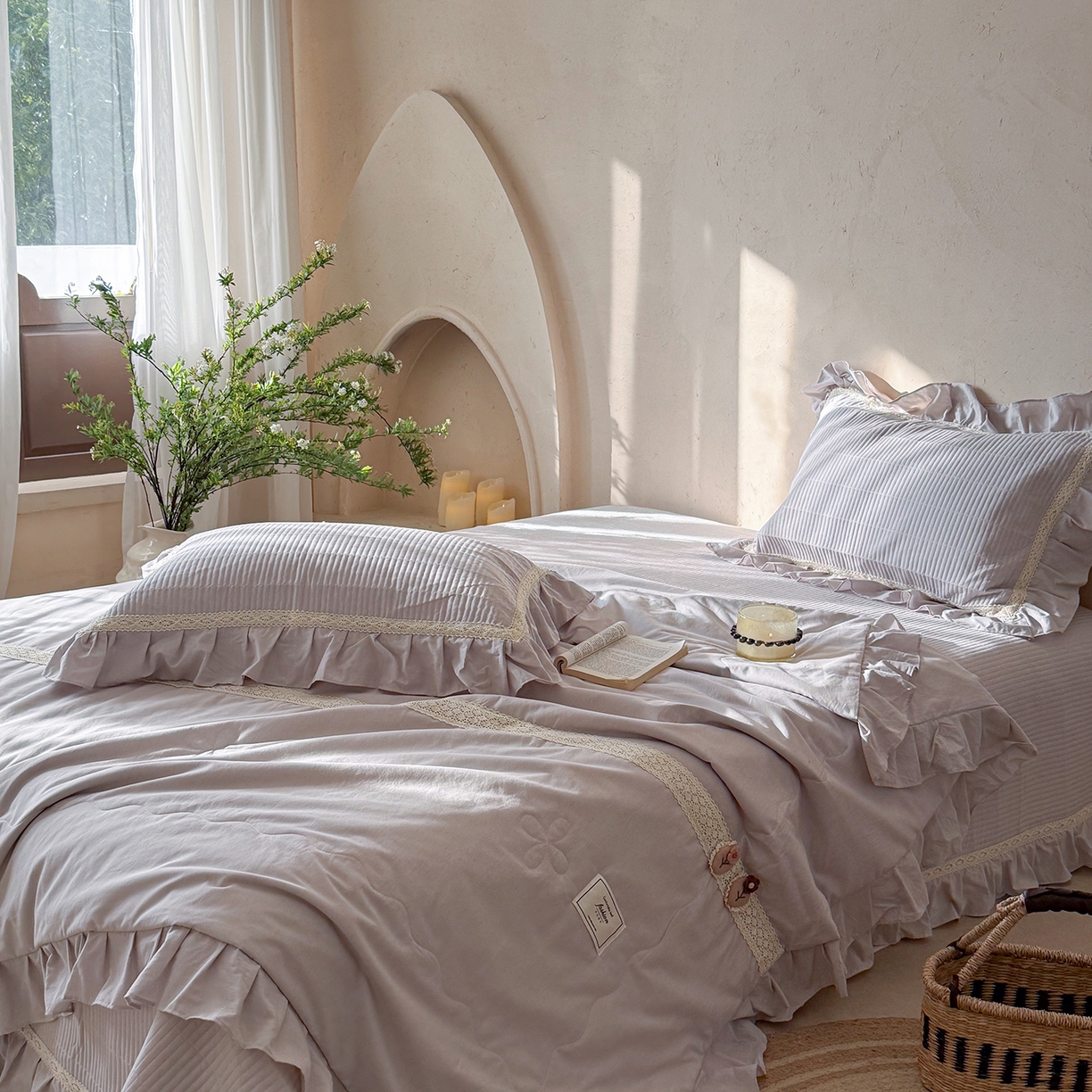 91家纺网 家纺一手货源 找家纺 佰织鑫家居 2026新款天竹棉麻多功能床盖款四件套 棉麻-浅灰