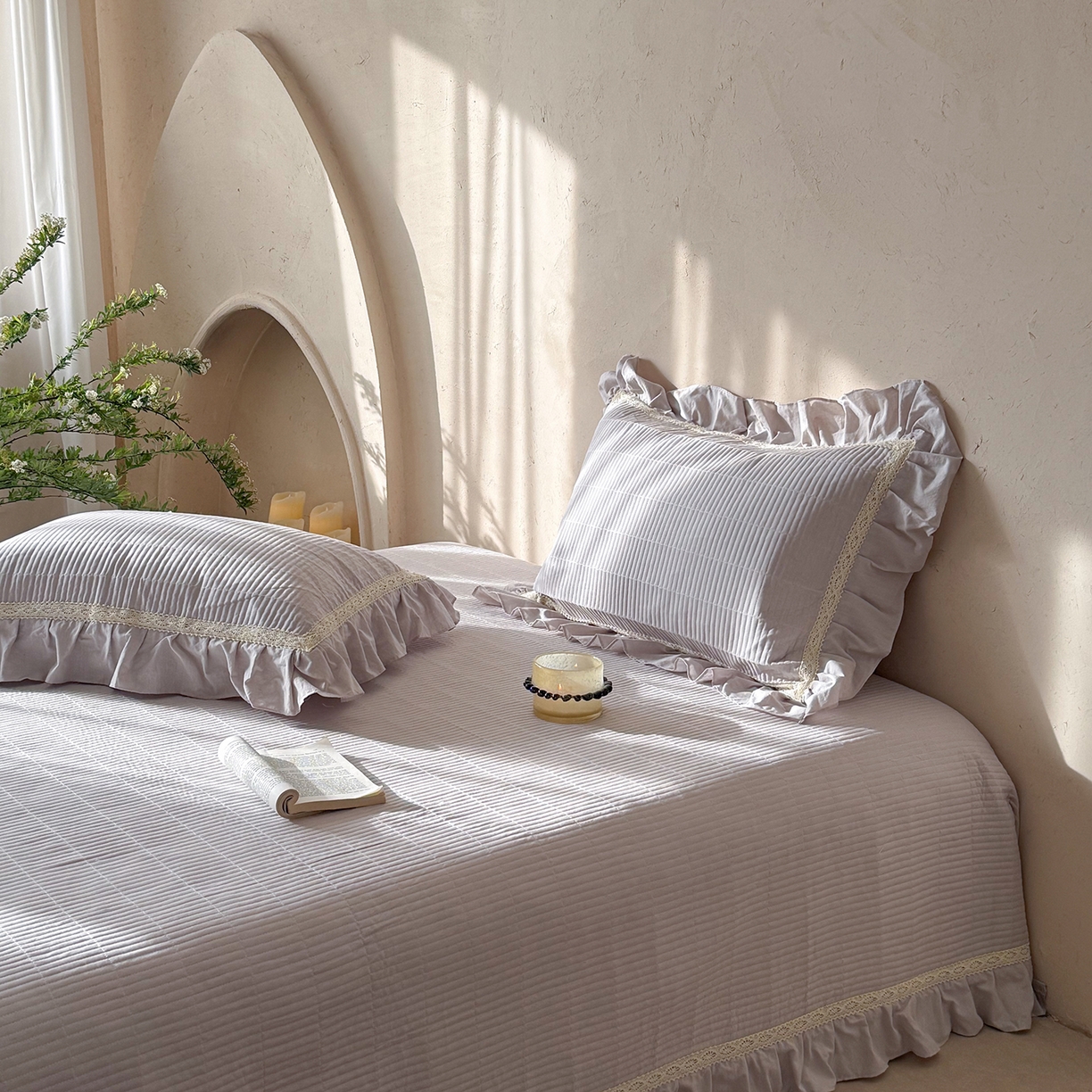 91家纺网 家纺一手货源 找家纺 佰织鑫家居 2026新款天竹棉麻多功能床盖款四件套 棉麻-浅灰