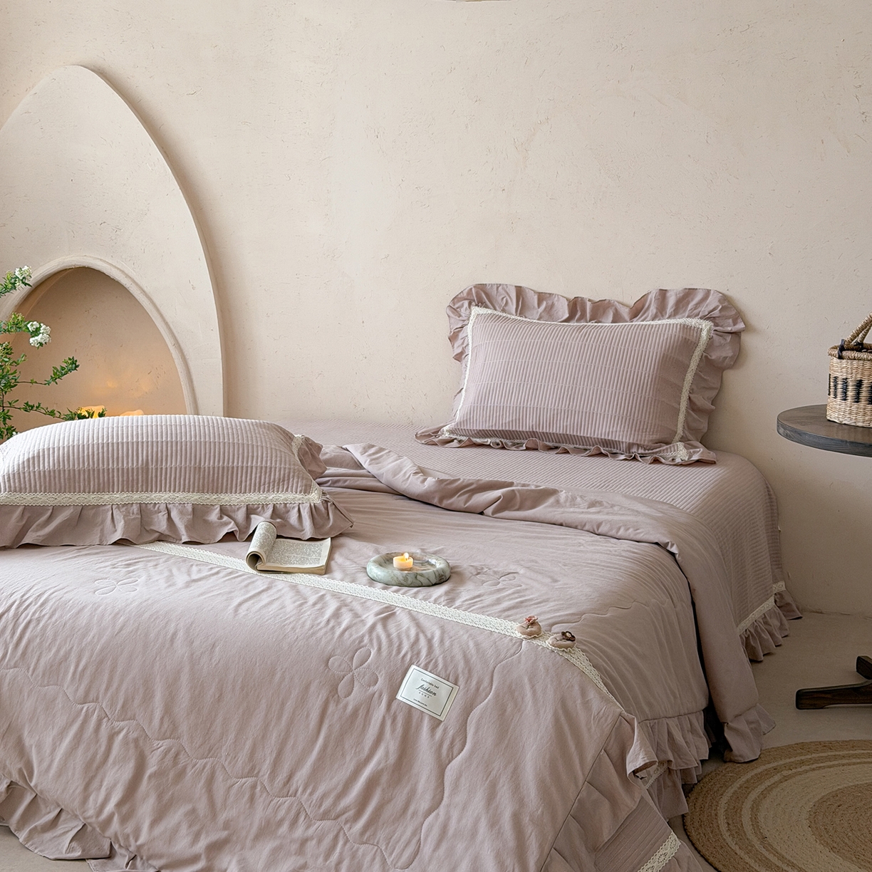 91家纺网 家纺一手货源 找家纺 佰织鑫家居 2026新款天竹棉麻多功能床盖款四件套 棉麻-奶咖