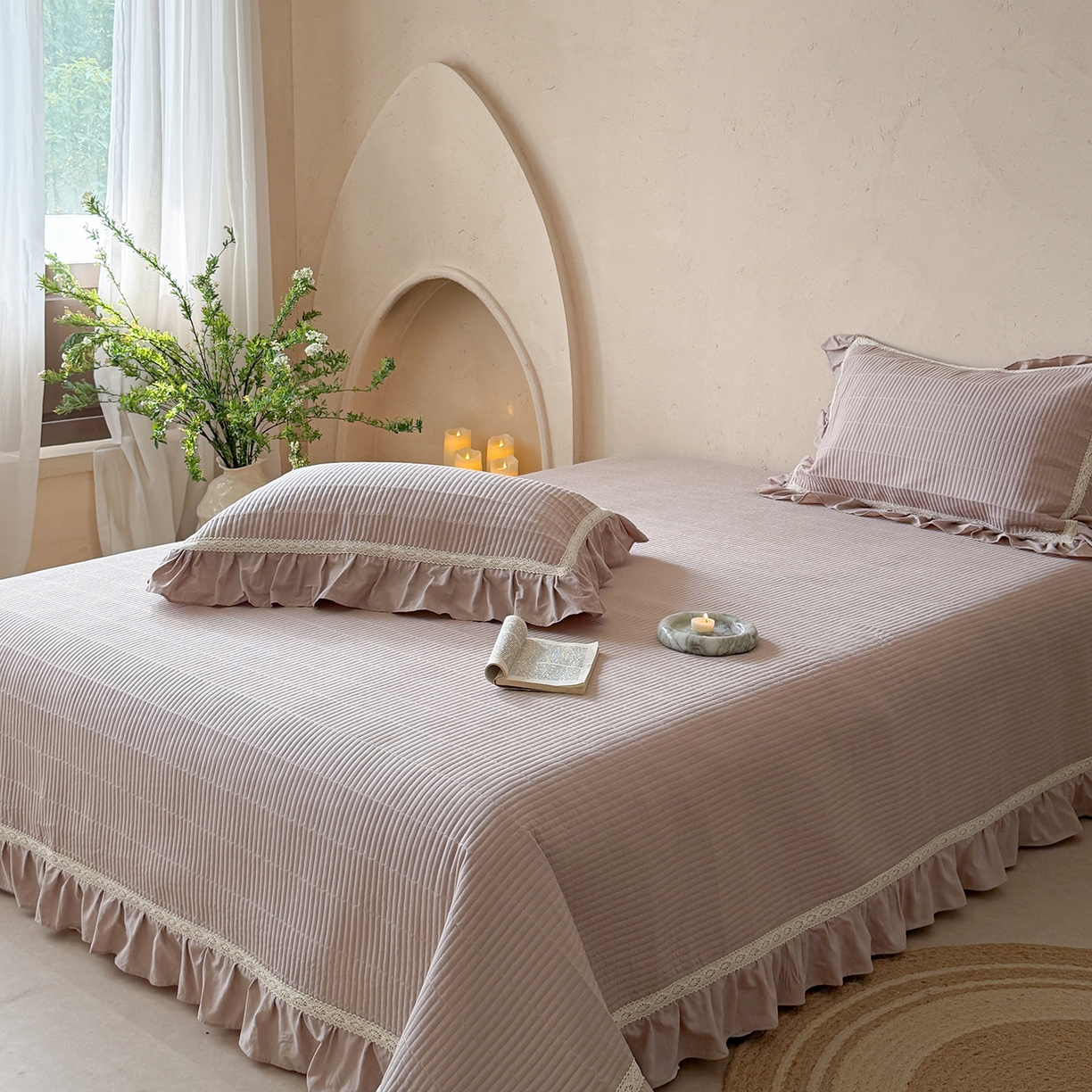 91家纺网 家纺一手货源 找家纺 佰织鑫家居 2026新款天竹棉麻多功能床盖款四件套 棉麻-奶咖