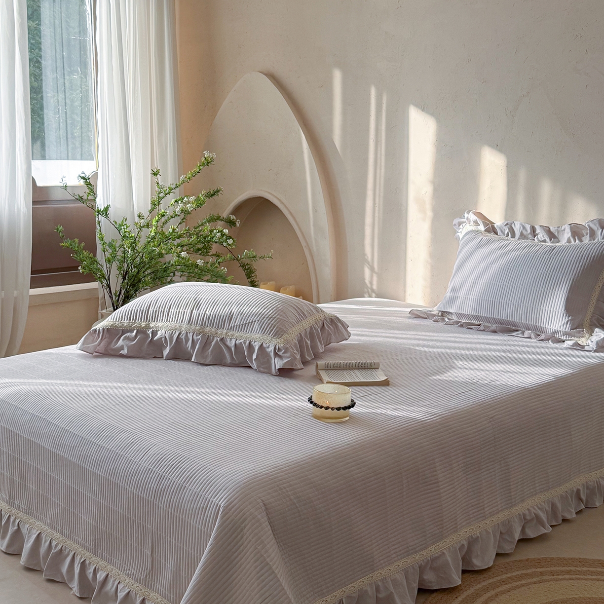 91家纺网 家纺一手货源 找家纺 佰织鑫家居 2026新款天竹棉麻多功能床盖款四件套 棉麻-浅灰