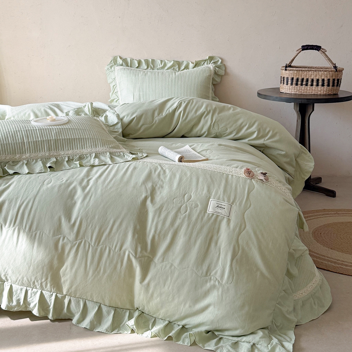 91家纺网 家纺一手货源 找家纺 佰织鑫家居 2026新款天竹棉麻多功能床盖款四件套 棉麻-豆绿