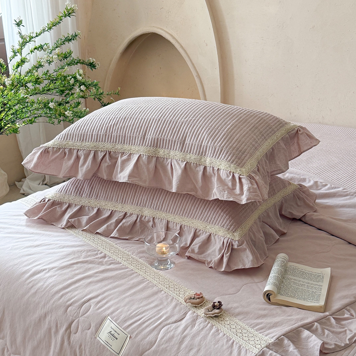 91家纺网 家纺一手货源 找家纺 佰织鑫家居 2026新款天竹棉麻多功能床盖款四件套 棉麻-雾粉