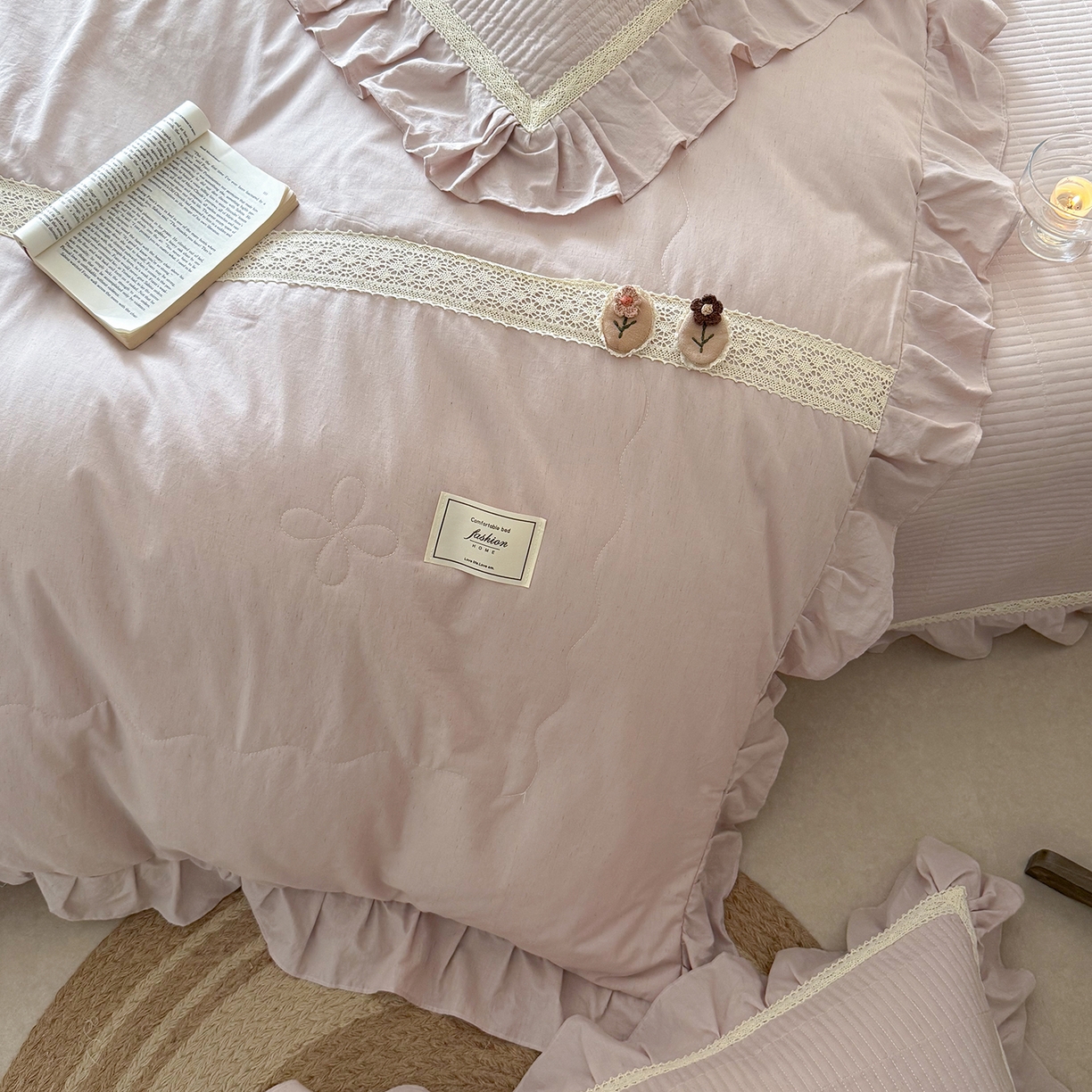 91家纺网 家纺一手货源 找家纺 佰织鑫家居 2026新款天竹棉麻多功能床盖款四件套 棉麻-雾粉