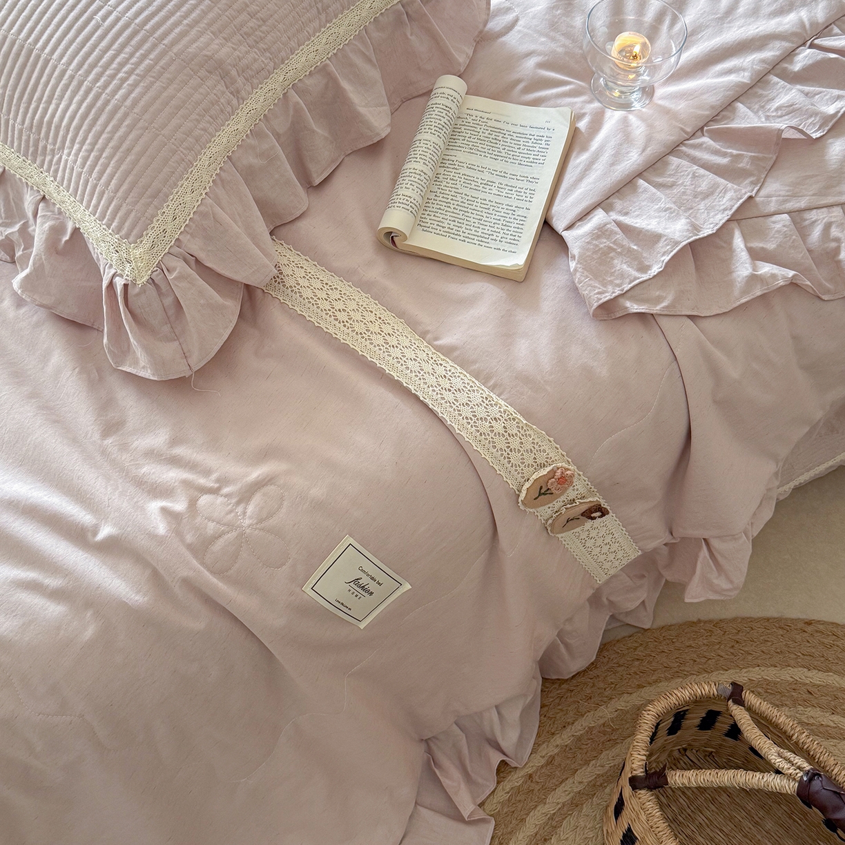 91家纺网 家纺一手货源 找家纺 佰织鑫家居 2026新款天竹棉麻多功能床盖款四件套 棉麻-雾粉