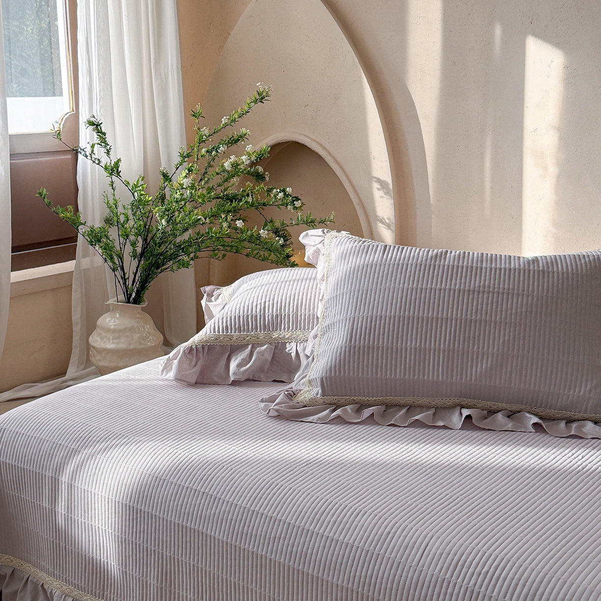 91家纺网 家纺一手货源 找家纺 佰织鑫家居 2026新款天竹棉麻多功能床盖款四件套 棉麻-浅灰