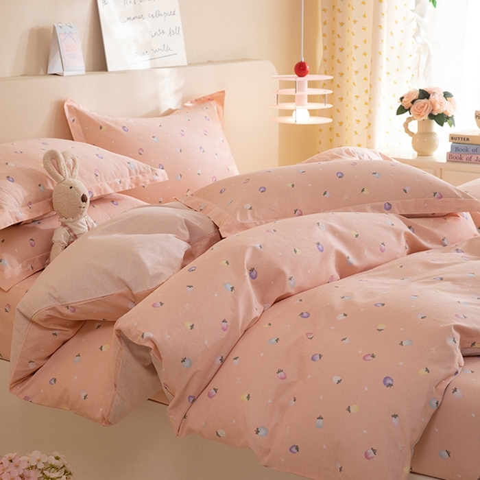 91家纺网 家纺一手货源 找家纺 八十八家纺 2025新款全棉12868床笠款四件套 奶油草莓