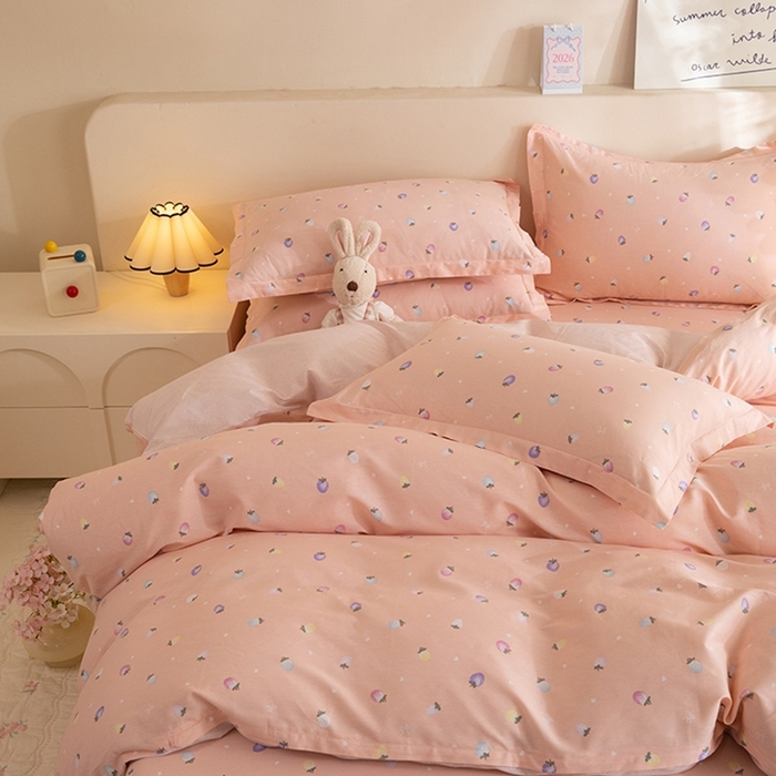 91家纺网 家纺一手货源 找家纺 八十八家纺 2025新款全棉12868床笠款四件套 奶油草莓