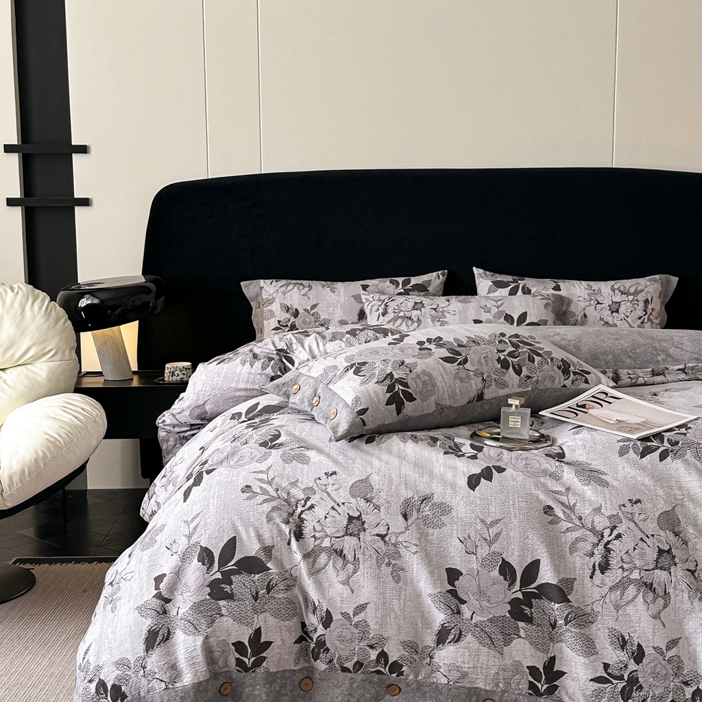 91家纺网 家纺一手货源 找家纺 爱彼家纺 2026新款四季款纽扣款轻奢原麻四件套-套件系列一 轻奢原麻-相思-灰