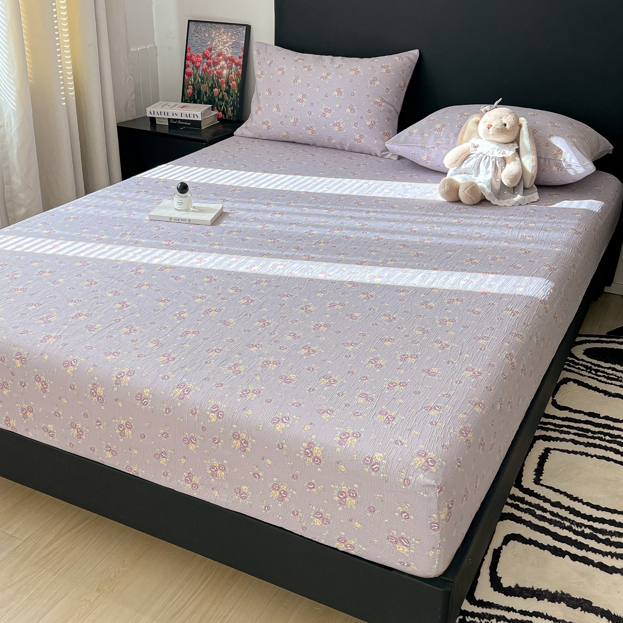 91家纺网 家纺一手货源 找家纺 韩巢家纺 2026新款三层纱单床笠热销款防滑床笠单件 玫瑰夜紫