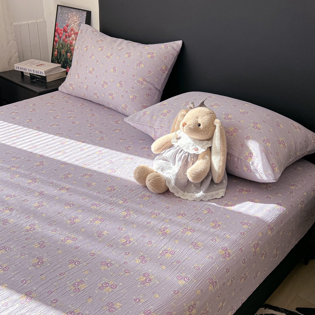 91家纺网 家纺一手货源 找家纺 韩巢家纺 2026新款三层纱单床笠热销款防滑床笠单件 玫瑰夜紫