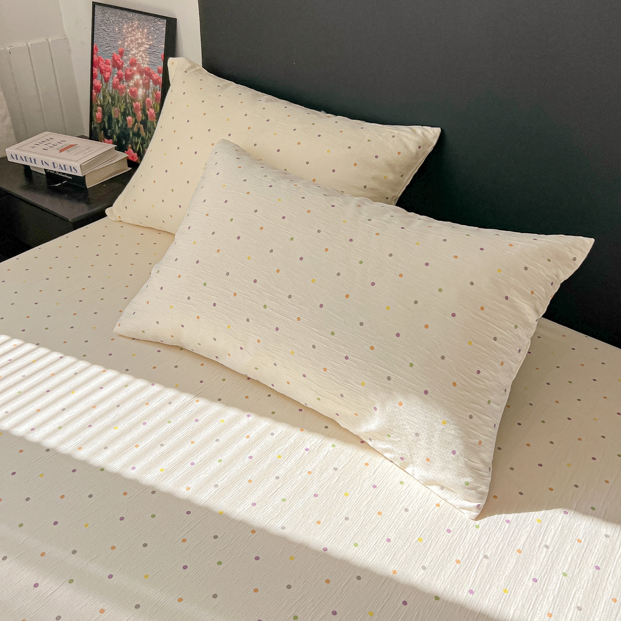 91家纺网 家纺一手货源 找家纺 韩巢家纺 2026新款三层纱单床笠热销款防滑床笠单件 彩波波