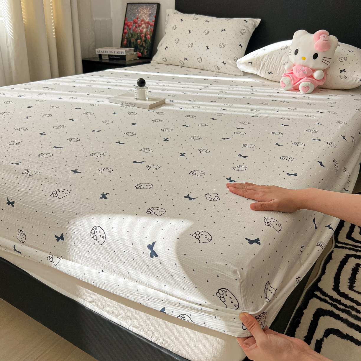 韩巢家纺 2026新款三层纱单床笠热销款防滑床笠单件 蓝莓小猫