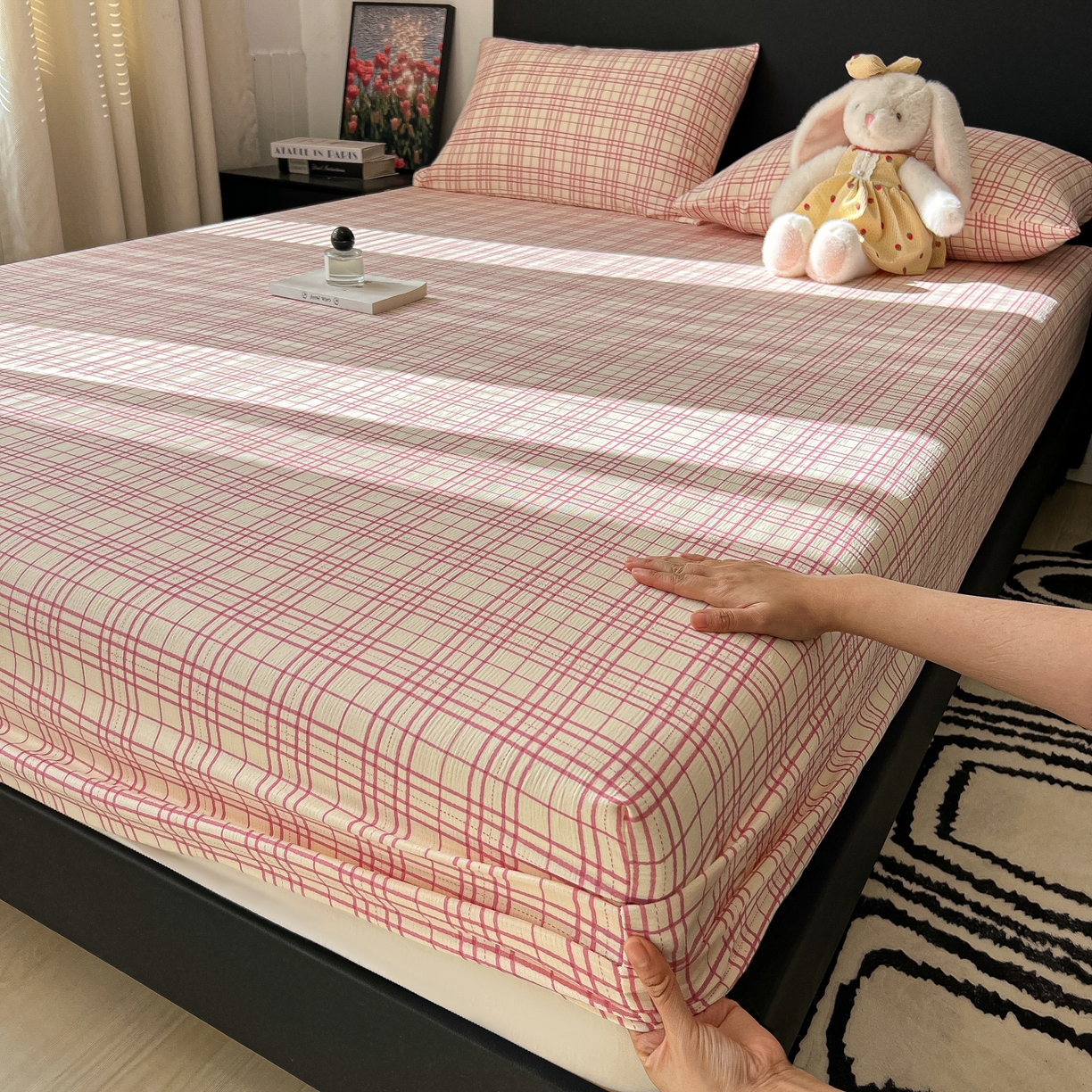 韩巢家纺 2026新款三层纱单床笠热销款防滑床笠单件 梅森-粉