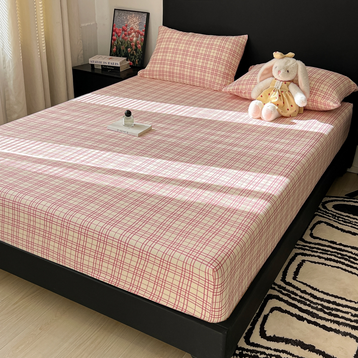 91家纺网 家纺一手货源 找家纺 韩巢家纺 2026新款三层纱单床笠热销款防滑床笠单件 梅森-粉