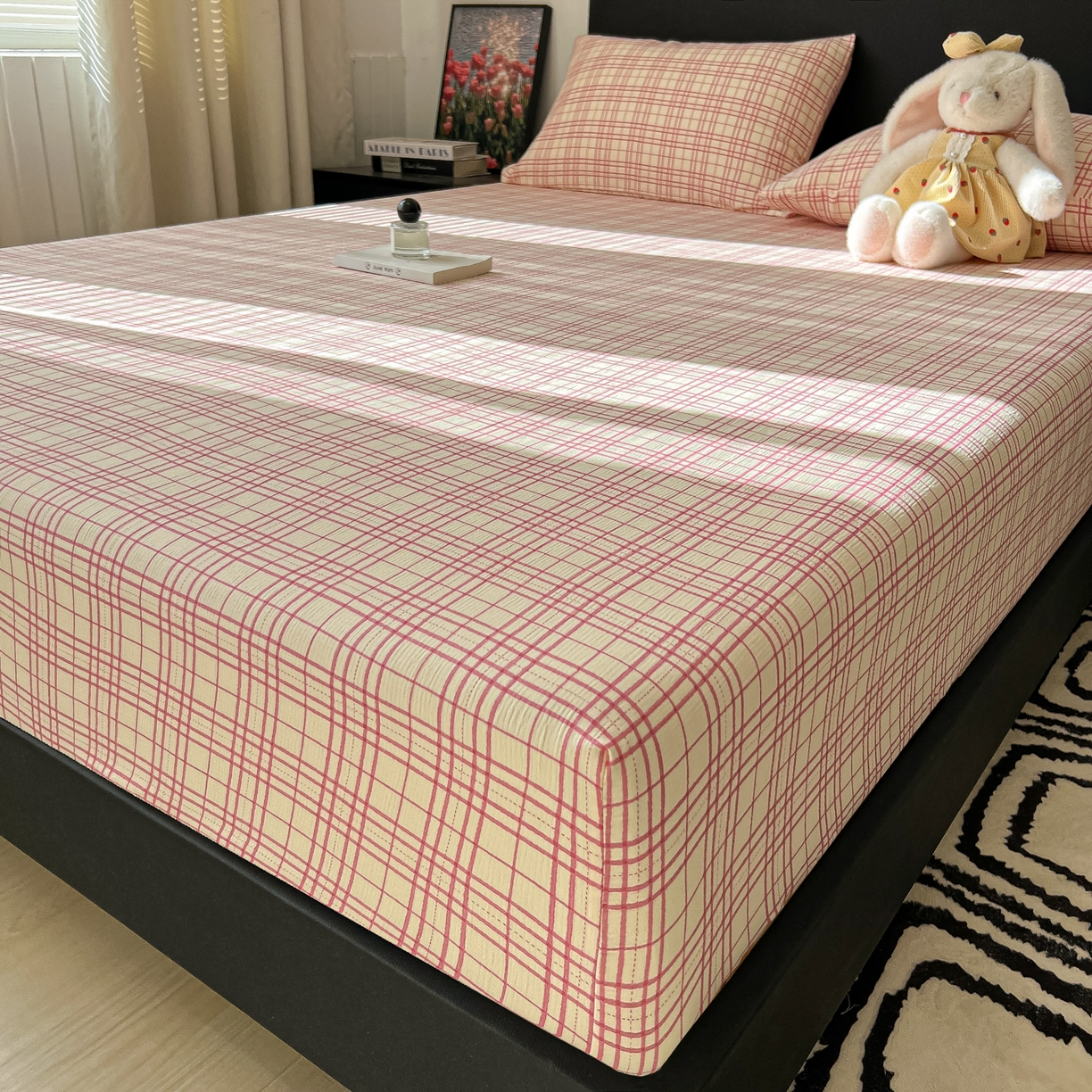 91家纺网 家纺一手货源 找家纺 韩巢家纺 2026新款三层纱单床笠热销款防滑床笠单件 梅森-粉