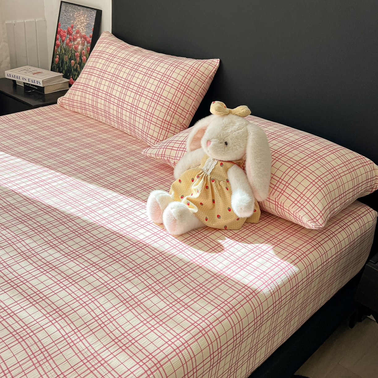 91家纺网 家纺一手货源 找家纺 韩巢家纺 2026新款三层纱单床笠热销款防滑床笠单件 梅森-粉