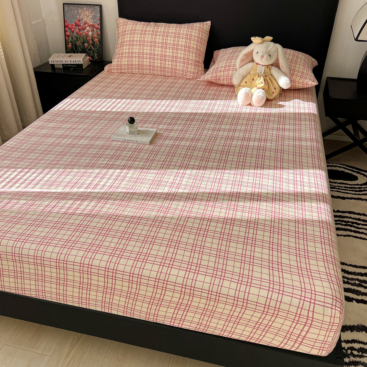 91家纺网 家纺一手货源 找家纺 韩巢家纺 2026新款三层纱单床笠热销款防滑床笠单件 梅森-粉