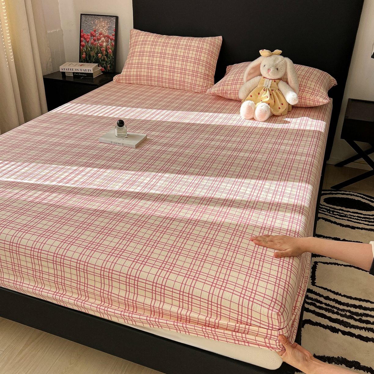 91家纺网 家纺一手货源 找家纺 韩巢家纺 2026新款三层纱单床笠热销款防滑床笠单件 梅森-粉