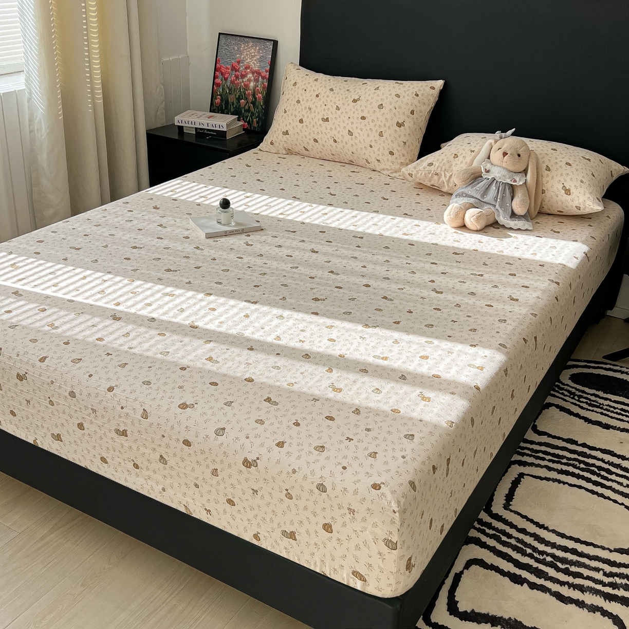 91家纺网 家纺一手货源 找家纺 韩巢家纺 2026新款三层纱单床笠热销款防滑床笠单件 南瓜派