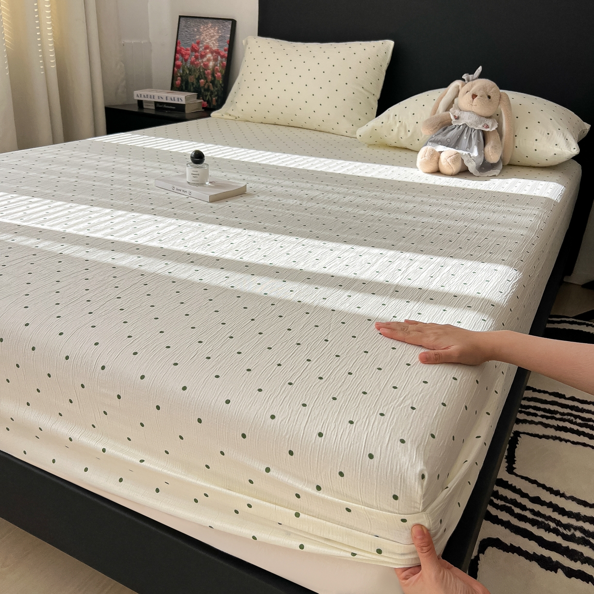 韩巢家纺 2026新款三层纱单床笠热销款防滑床笠单件 小绿豆