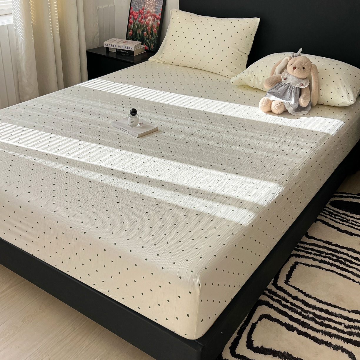 91家纺网 家纺一手货源 找家纺 韩巢家纺 2026新款三层纱单床笠热销款防滑床笠单件 小绿豆