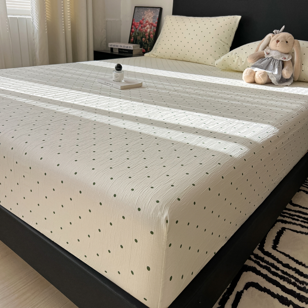 91家纺网 家纺一手货源 找家纺 韩巢家纺 2026新款三层纱单床笠热销款防滑床笠单件 小绿豆