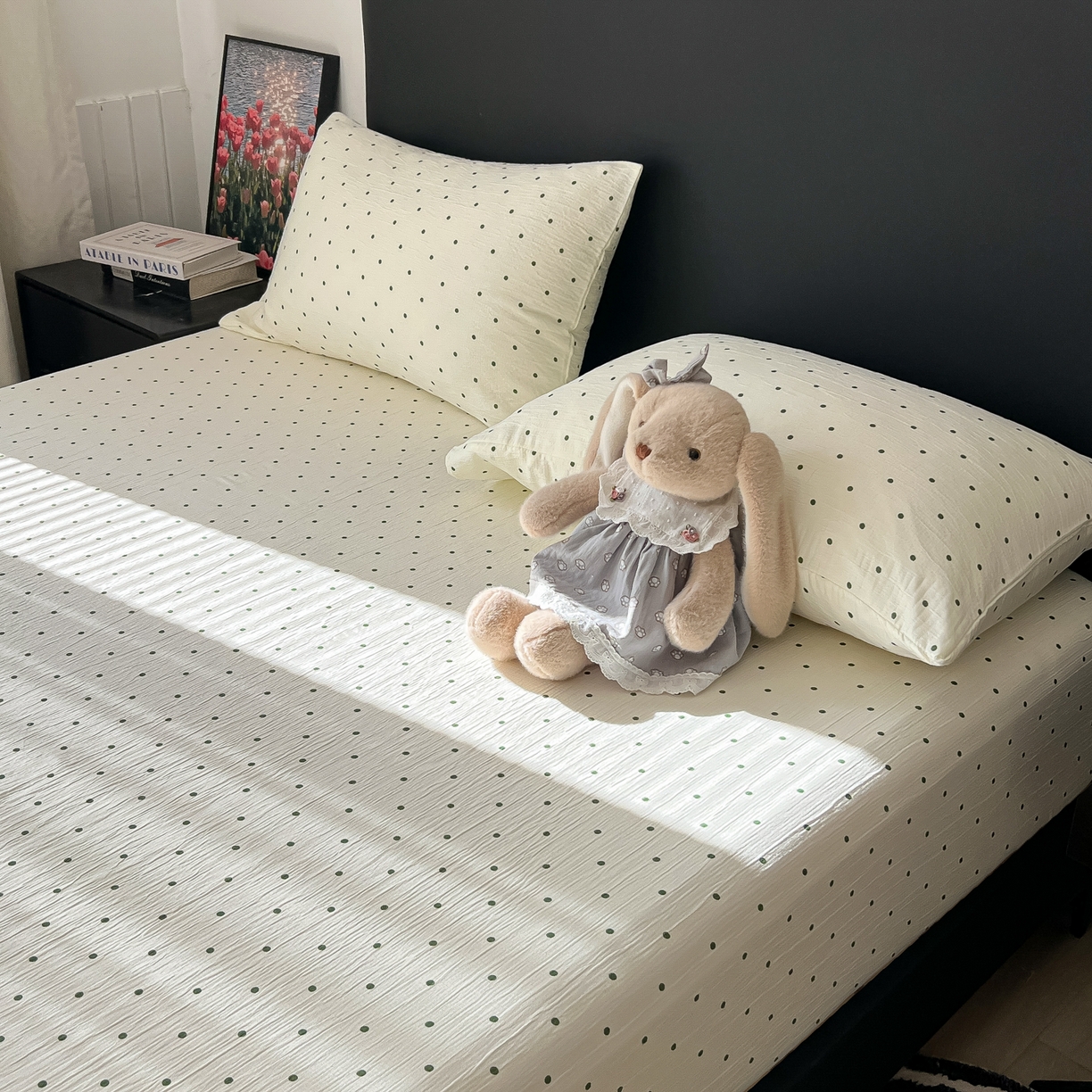 91家纺网 家纺一手货源 找家纺 韩巢家纺 2026新款三层纱单床笠热销款防滑床笠单件 小绿豆